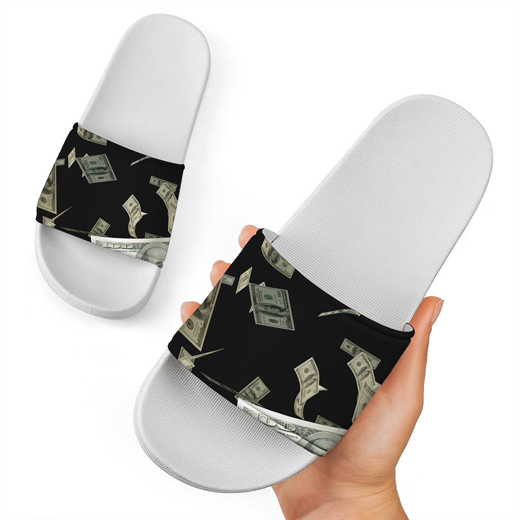 Flying US Dollar Print White Slide Sandals