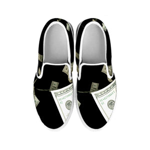 Flying US Dollar Print White Slip On Shoes