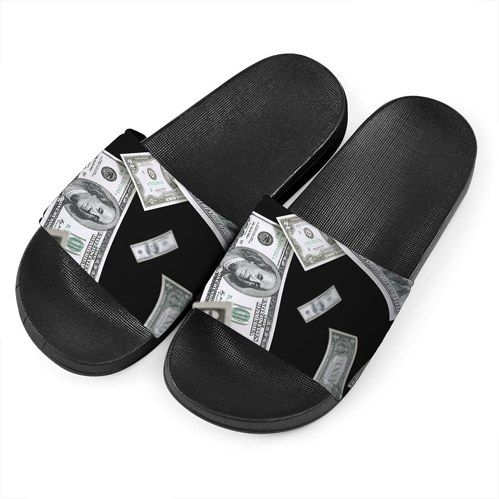Flying USD Print Black Slide Sandals