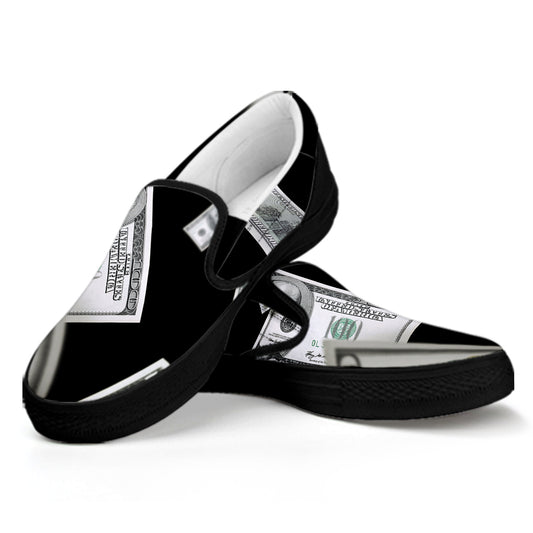Flying USD Print Black Slip On Shoes