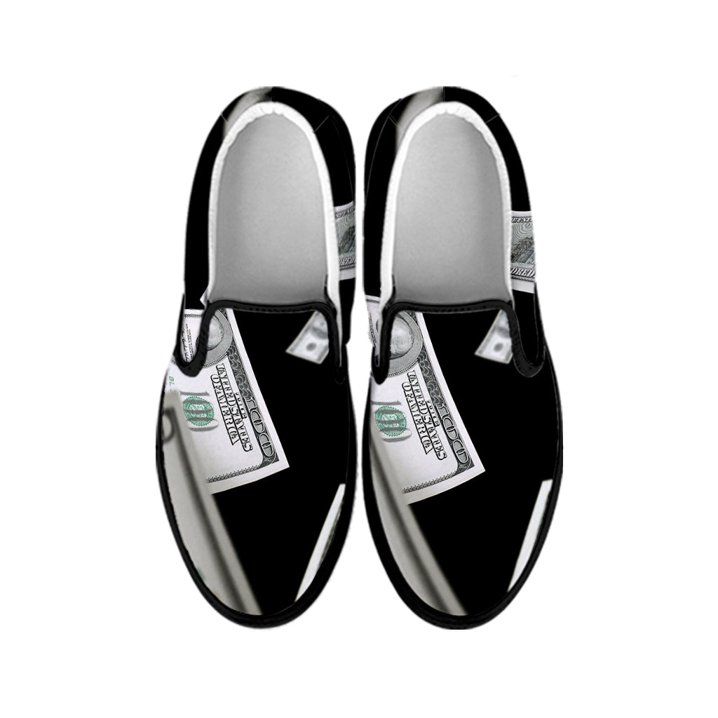 Flying USD Print Black Slip On Shoes