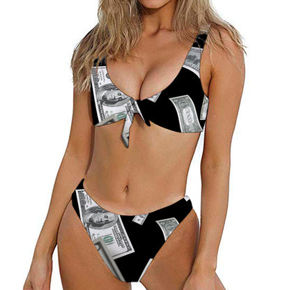 Flying USD Print Front Bow Tie Bikini