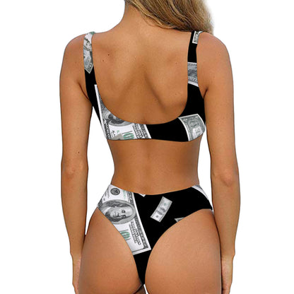 Flying USD Print Front Bow Tie Bikini