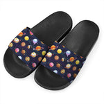 Food Planets Pattern Print Black Slide Sandals