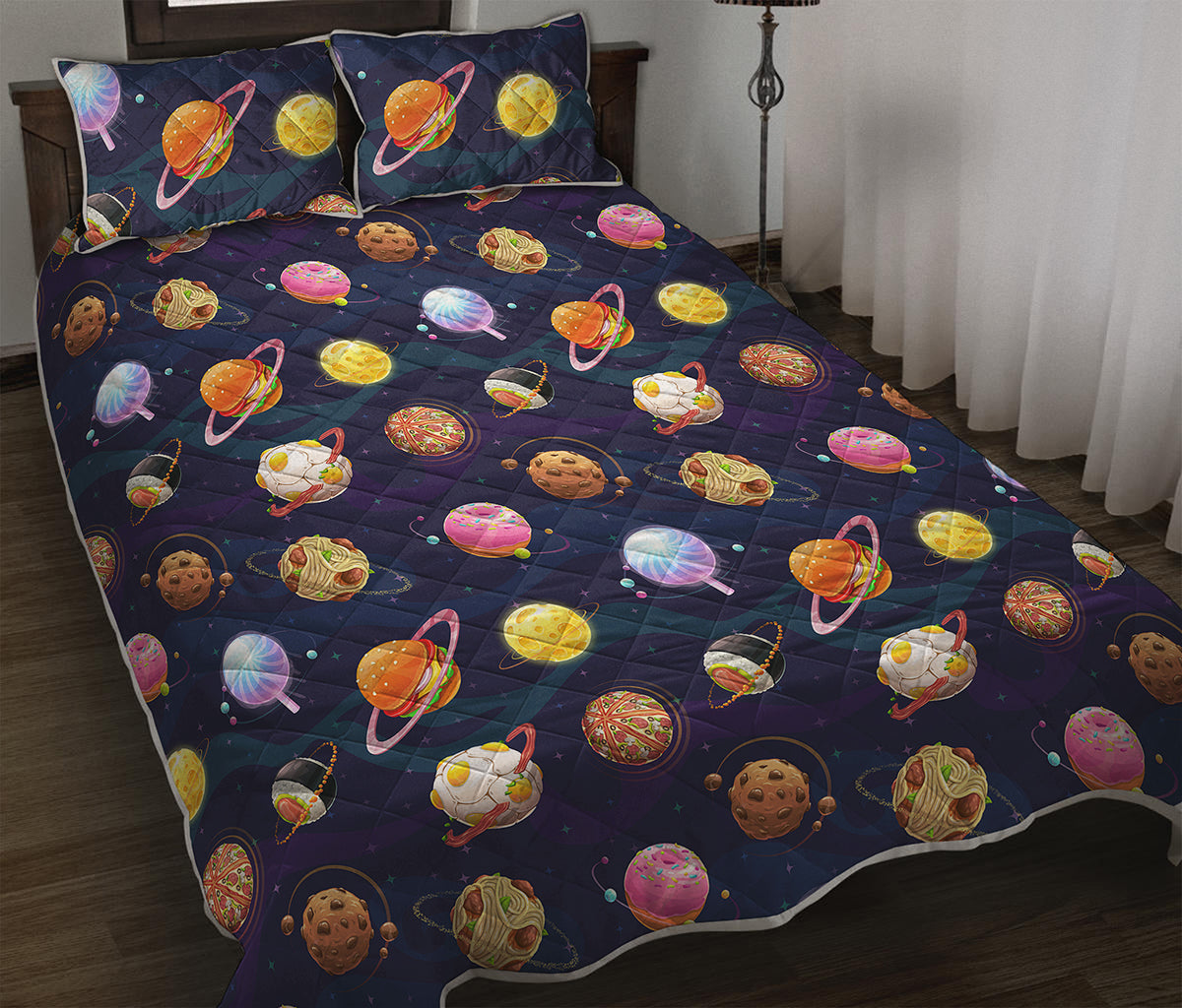 Food Planets Pattern Print Quilt Bed Set