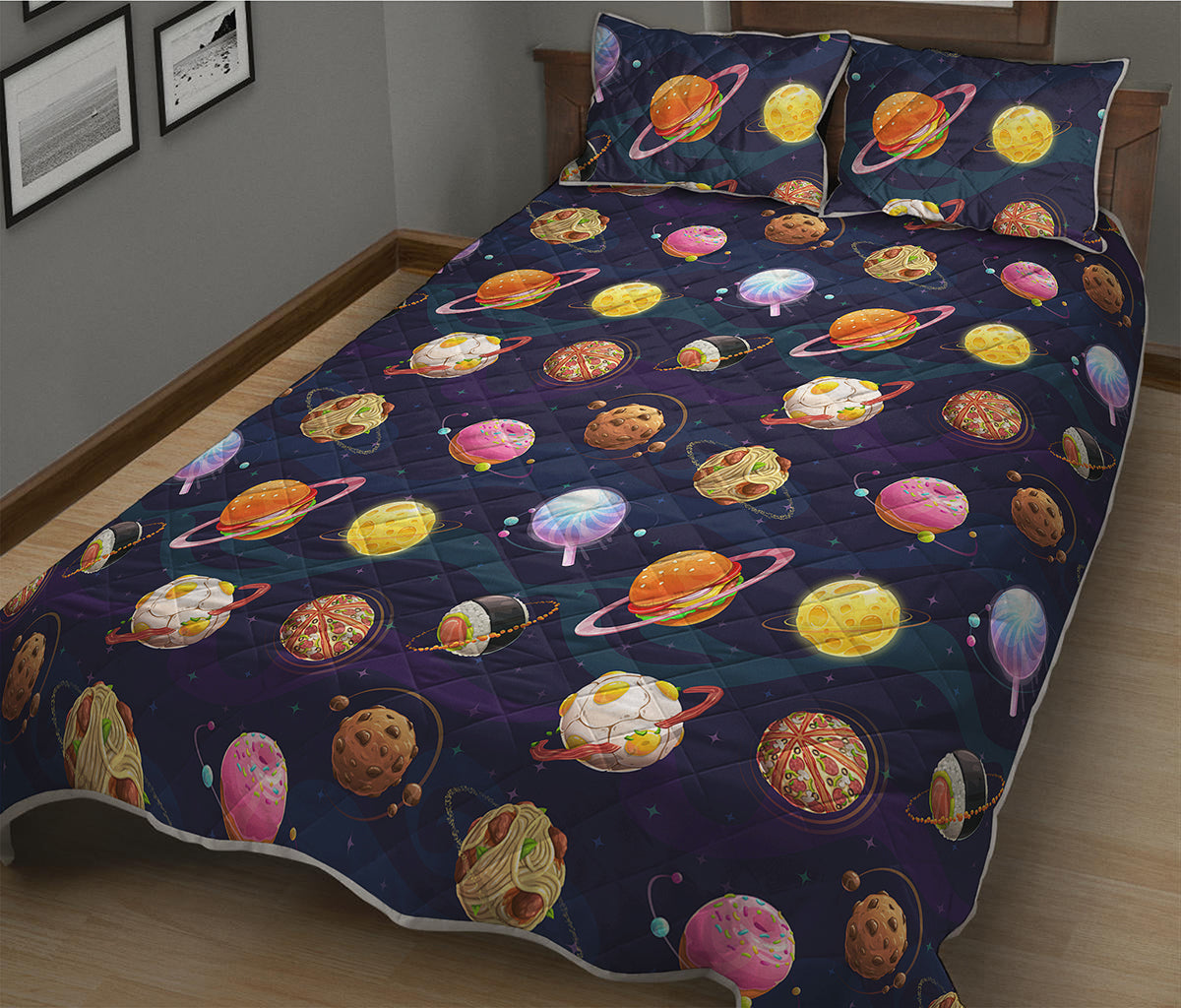 Food Planets Pattern Print Quilt Bed Set