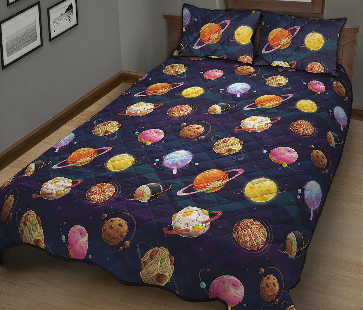 Food Planets Pattern Print Quilt Bed Set