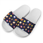 Food Planets Pattern Print White Slide Sandals