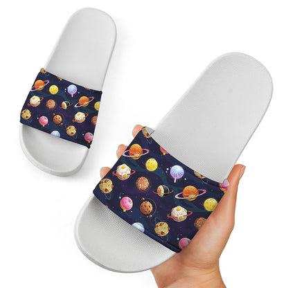 Food Planets Pattern Print White Slide Sandals