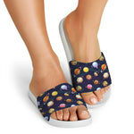 Food Planets Pattern Print White Slide Sandals