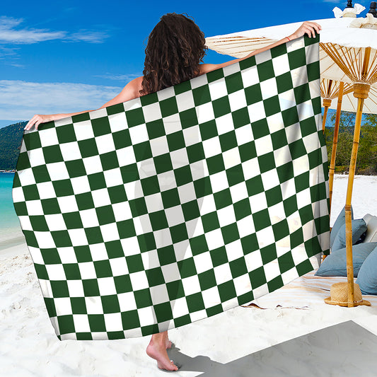Forest Green And White Checkered Print Beach Sarong Wrap
