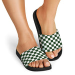 Forest Green And White Checkered Print Black Slide Sandals