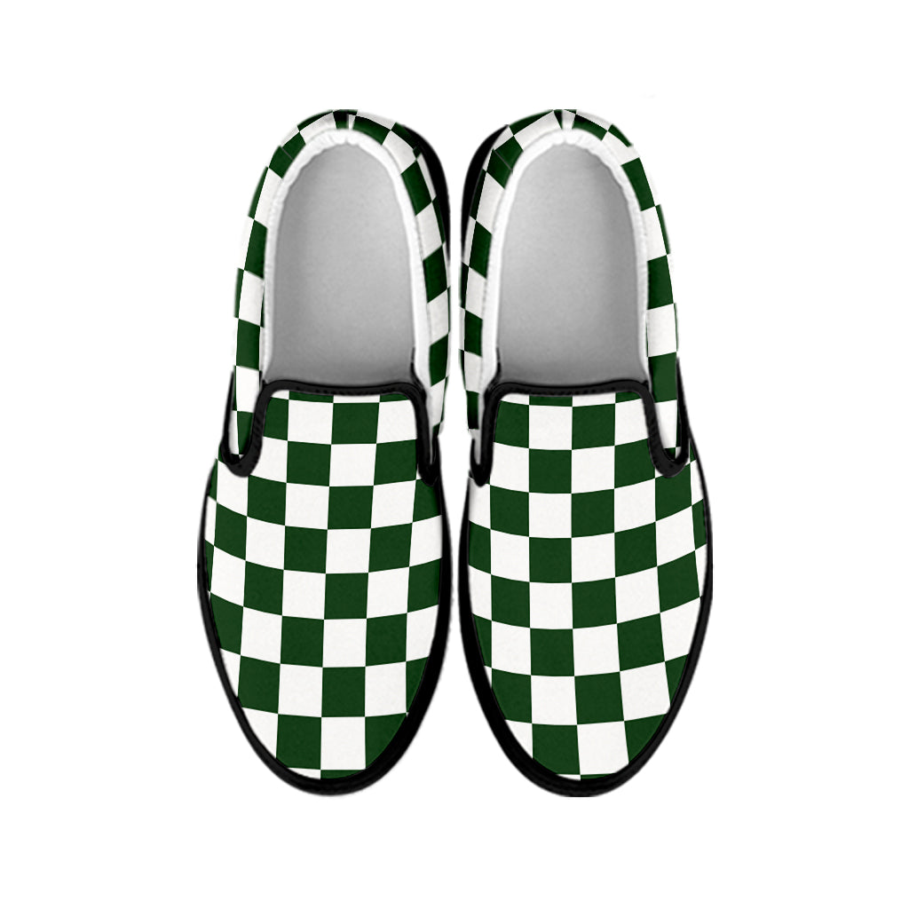 Forest Green And White Checkered Print Black Slip On Shoes