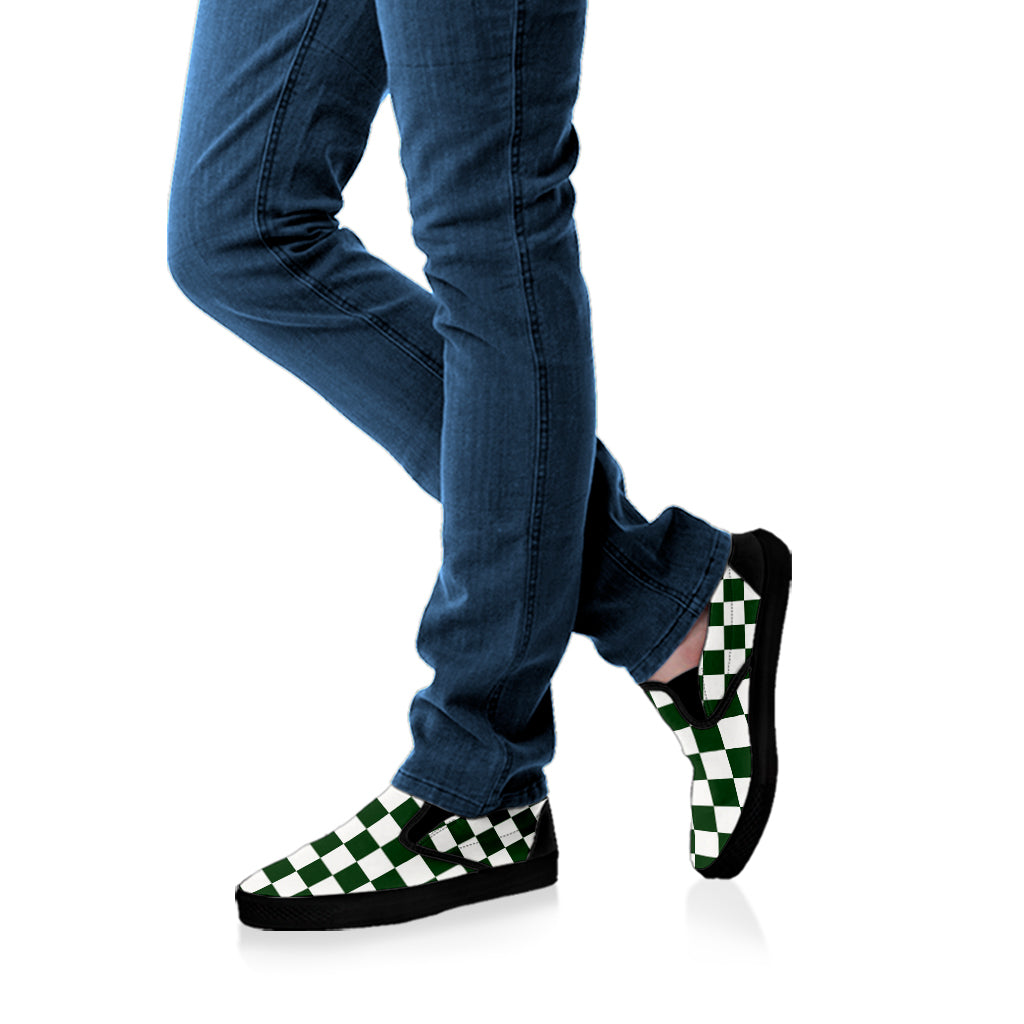 Forest Green And White Checkered Print Black Slip On Shoes