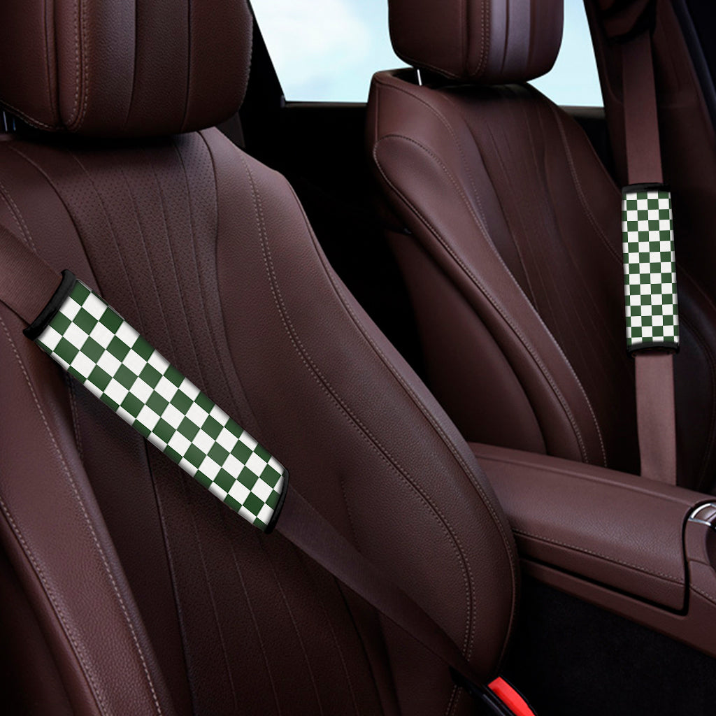 Forest Green And White Checkered Print Car Seat Belt Covers