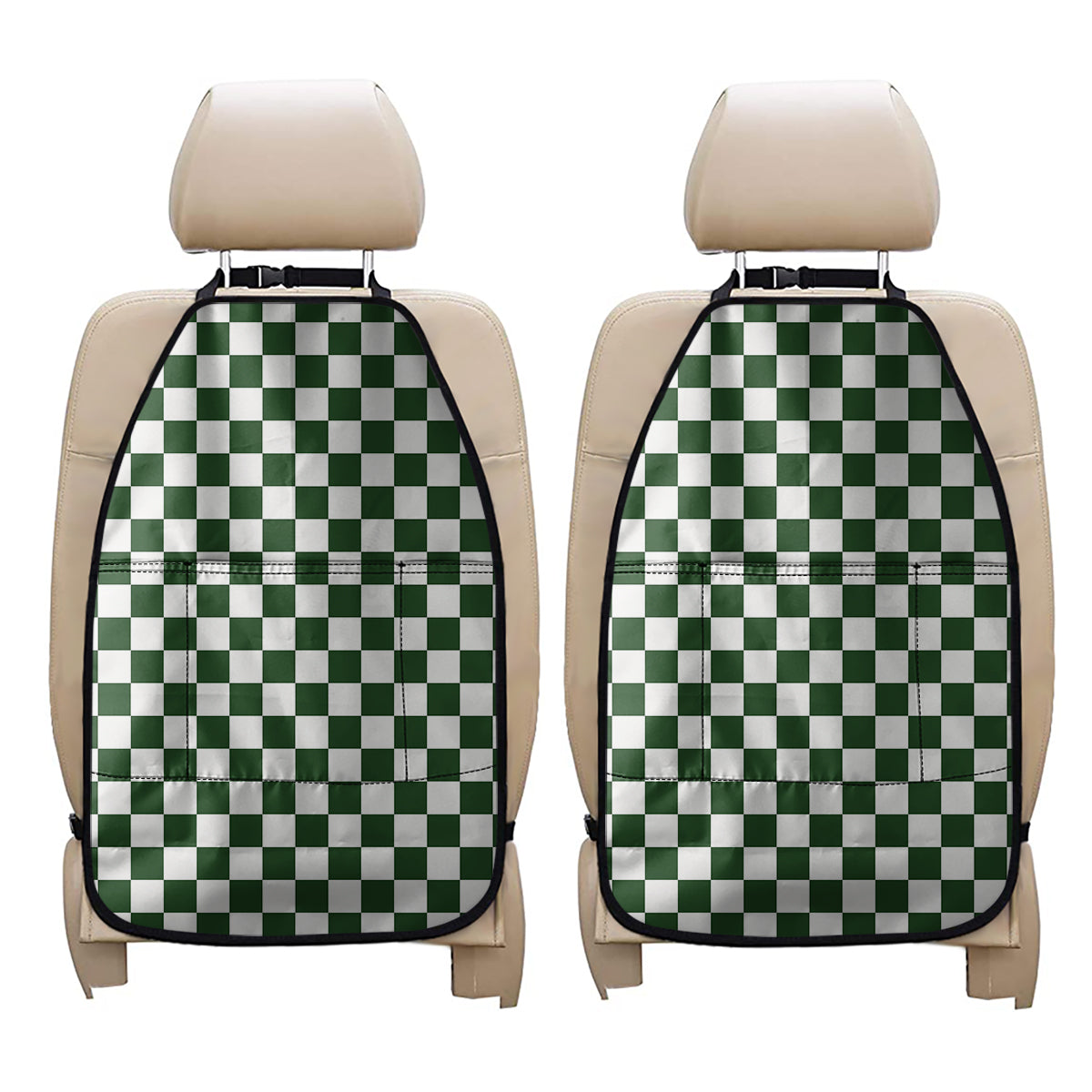 Forest Green And White Checkered Print Car Seat Organizers