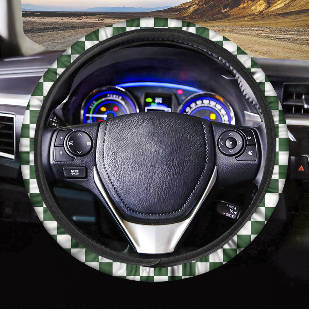 Forest Green And White Checkered Print Car Steering Wheel Cover