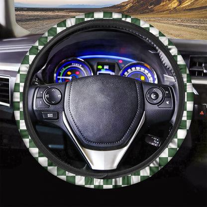 Forest Green And White Checkered Print Car Steering Wheel Cover