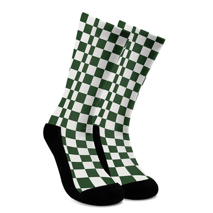Forest Green And White Checkered Print Crew Socks