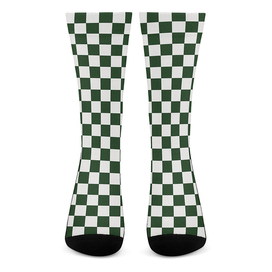 Forest Green And White Checkered Print Crew Socks