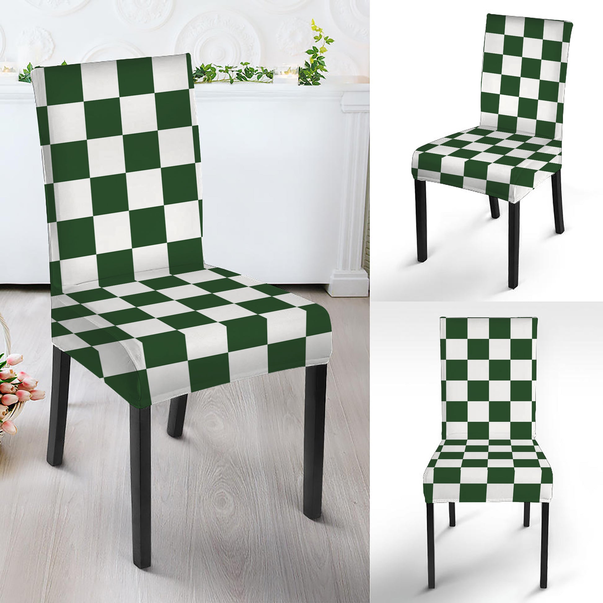 Forest Green And White Checkered Print Dining Chair Slipcover