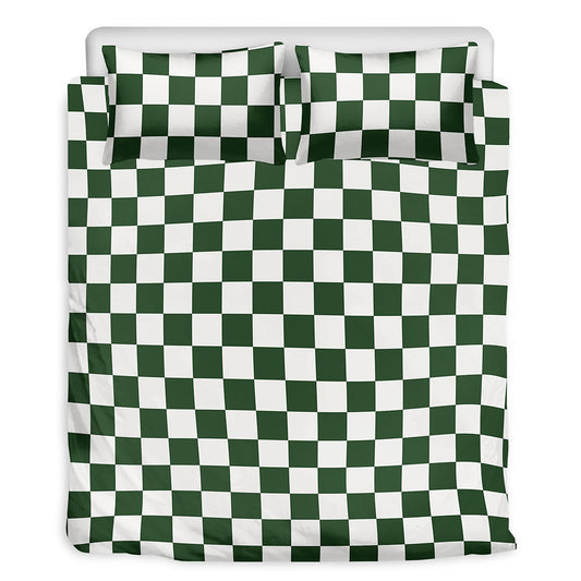 Forest Green And White Checkered Print Duvet Cover Bedding Set
