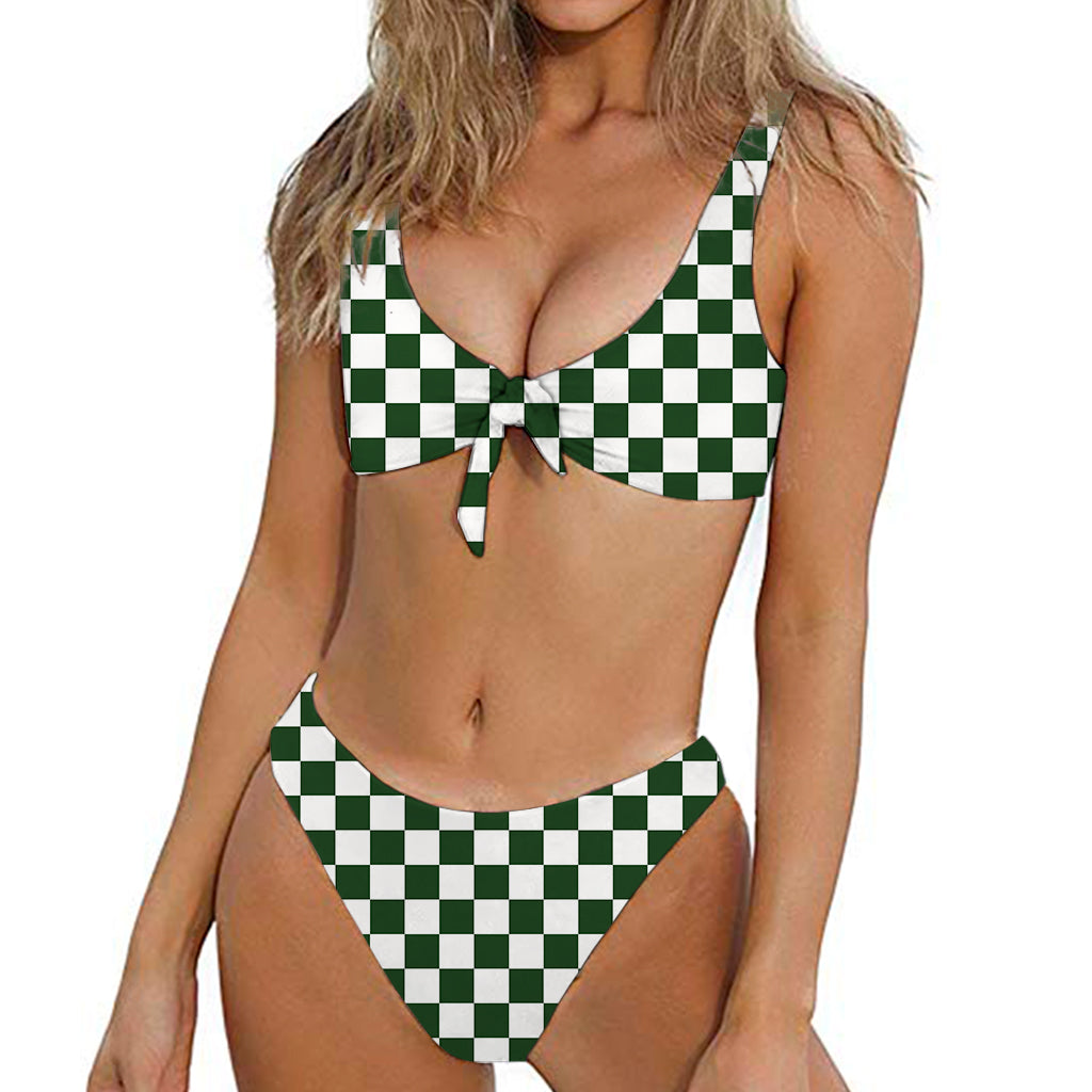 Forest Green And White Checkered Print Front Bow Tie Bikini