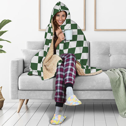 Forest Green And White Checkered Print Hooded Blanket