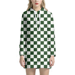 Forest Green And White Checkered Print Hoodie Dress