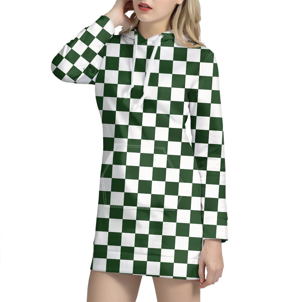 Forest Green And White Checkered Print Hoodie Dress