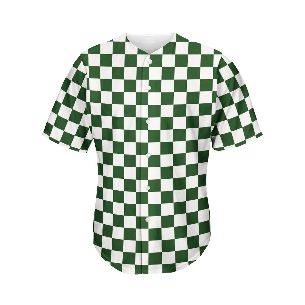 Forest Green And White Checkered Print Men's Baseball Jersey
