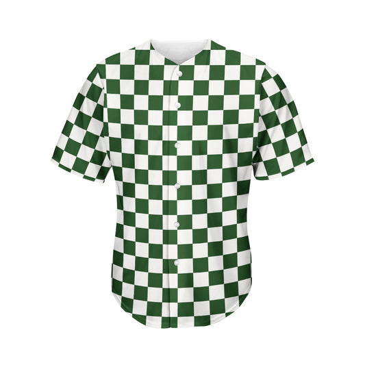 Forest Green And White Checkered Print Men's Baseball Jersey