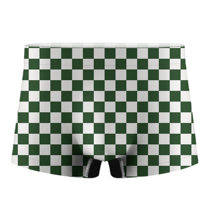 Forest Green And White Checkered Print Men's Boxer Briefs