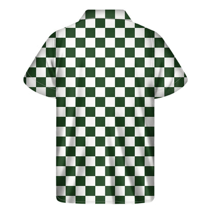Forest Green And White Checkered Print Men's Short Sleeve Shirt
