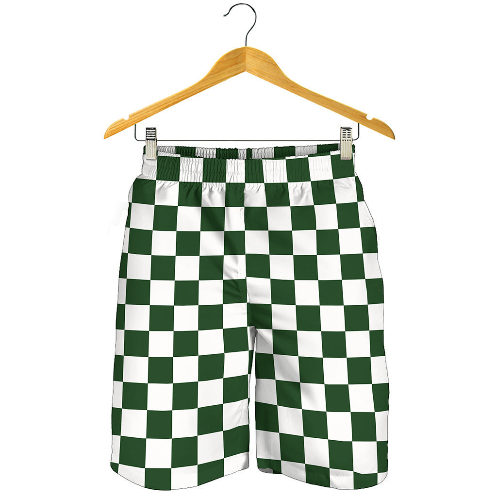 Forest Green And White Checkered Print Men's Shorts