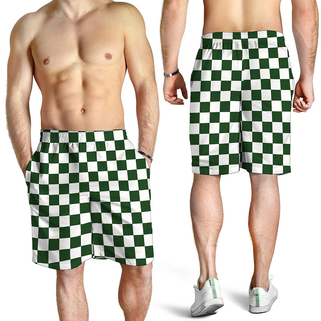 Forest Green And White Checkered Print Men's Shorts