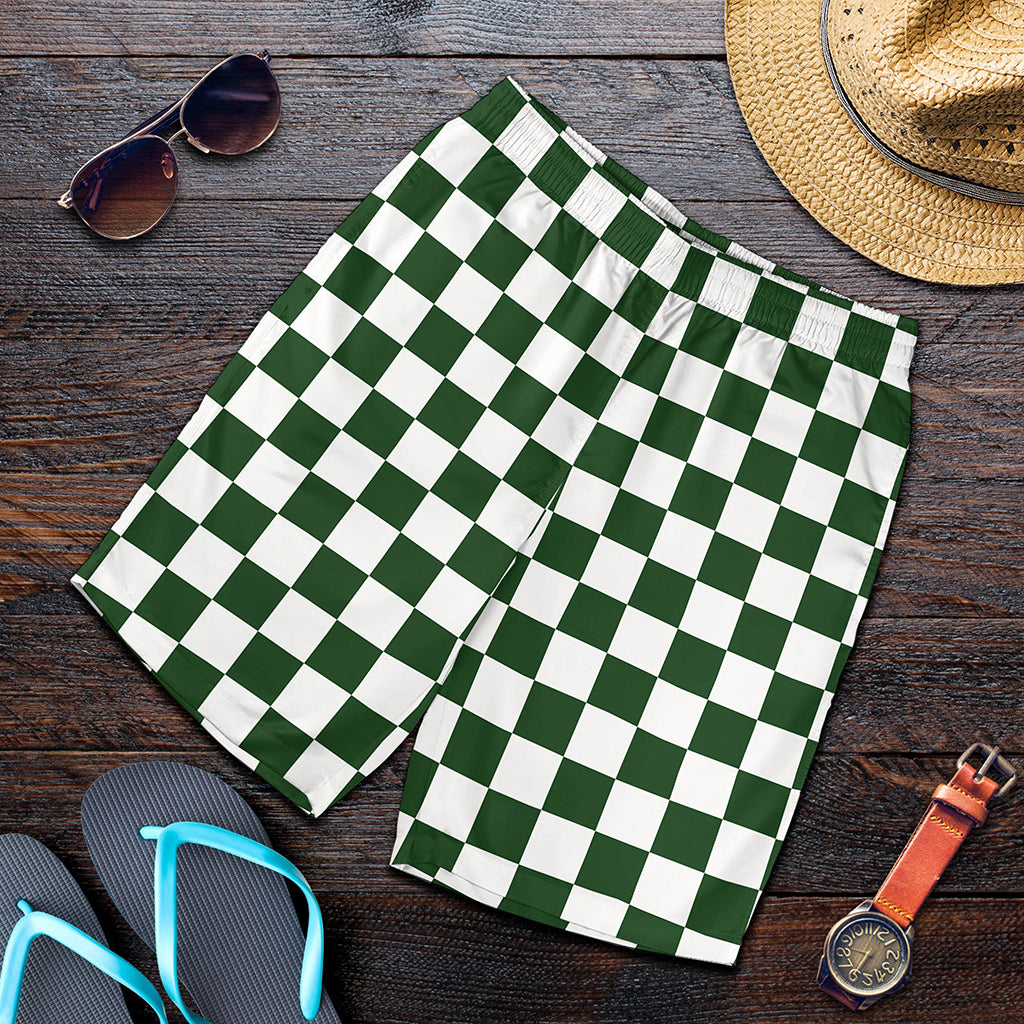 Forest Green And White Checkered Print Men's Shorts