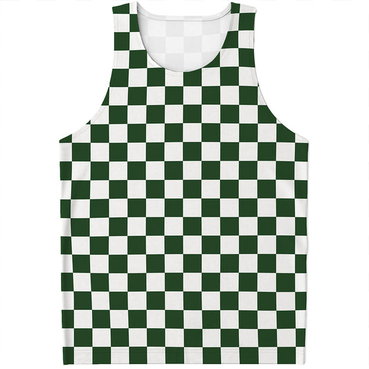 Forest Green And White Checkered Print Men's Tank Top