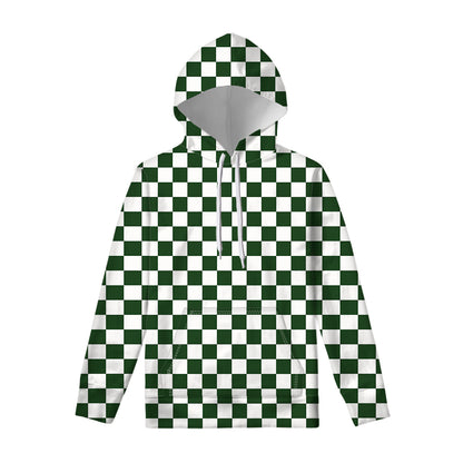 Forest Green And White Checkered Print Pullover Hoodie