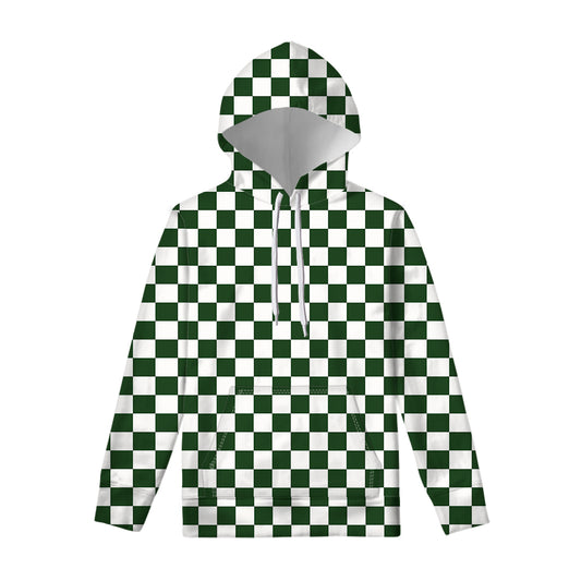 Forest Green And White Checkered Print Pullover Hoodie