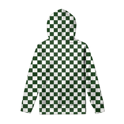 Forest Green And White Checkered Print Pullover Hoodie