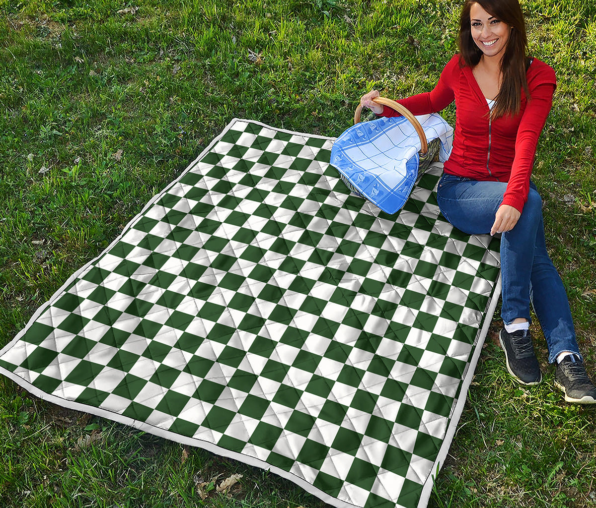 Forest Green And White Checkered Print Quilt