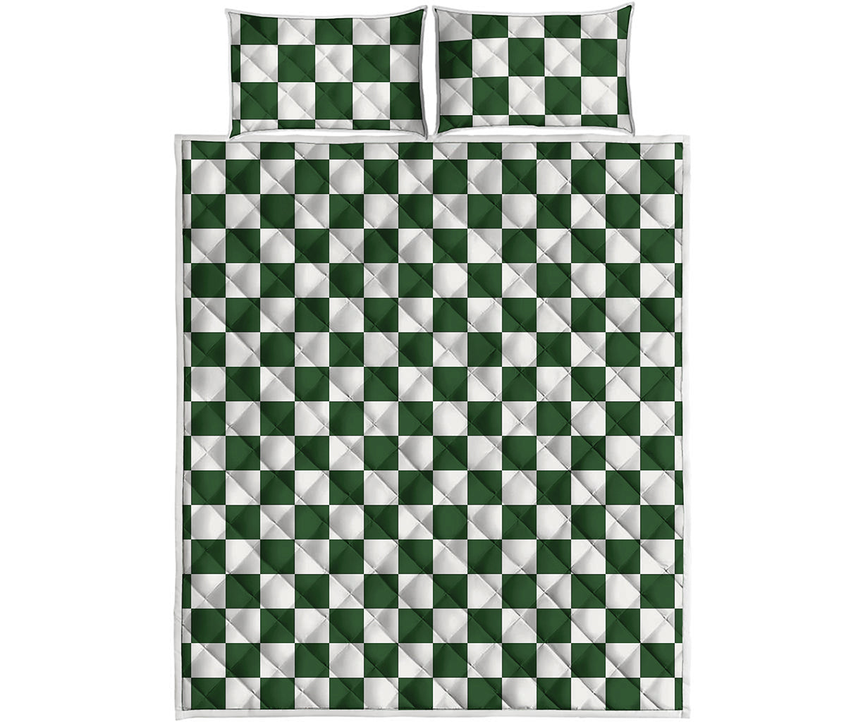 Forest Green And White Checkered Print Quilt Bed Set