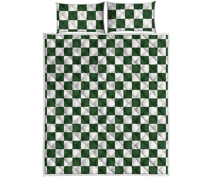 Forest Green And White Checkered Print Quilt Bed Set
