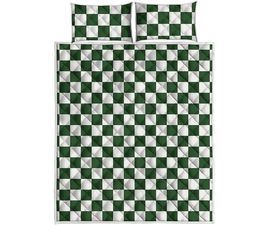 Forest Green And White Checkered Print Quilt Bed Set