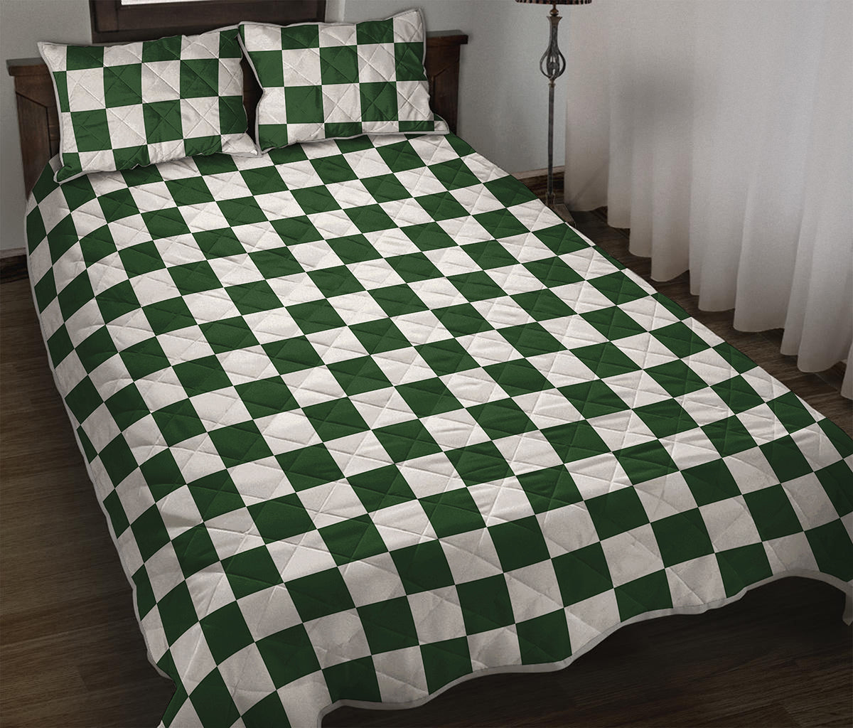 Forest Green And White Checkered Print Quilt Bed Set