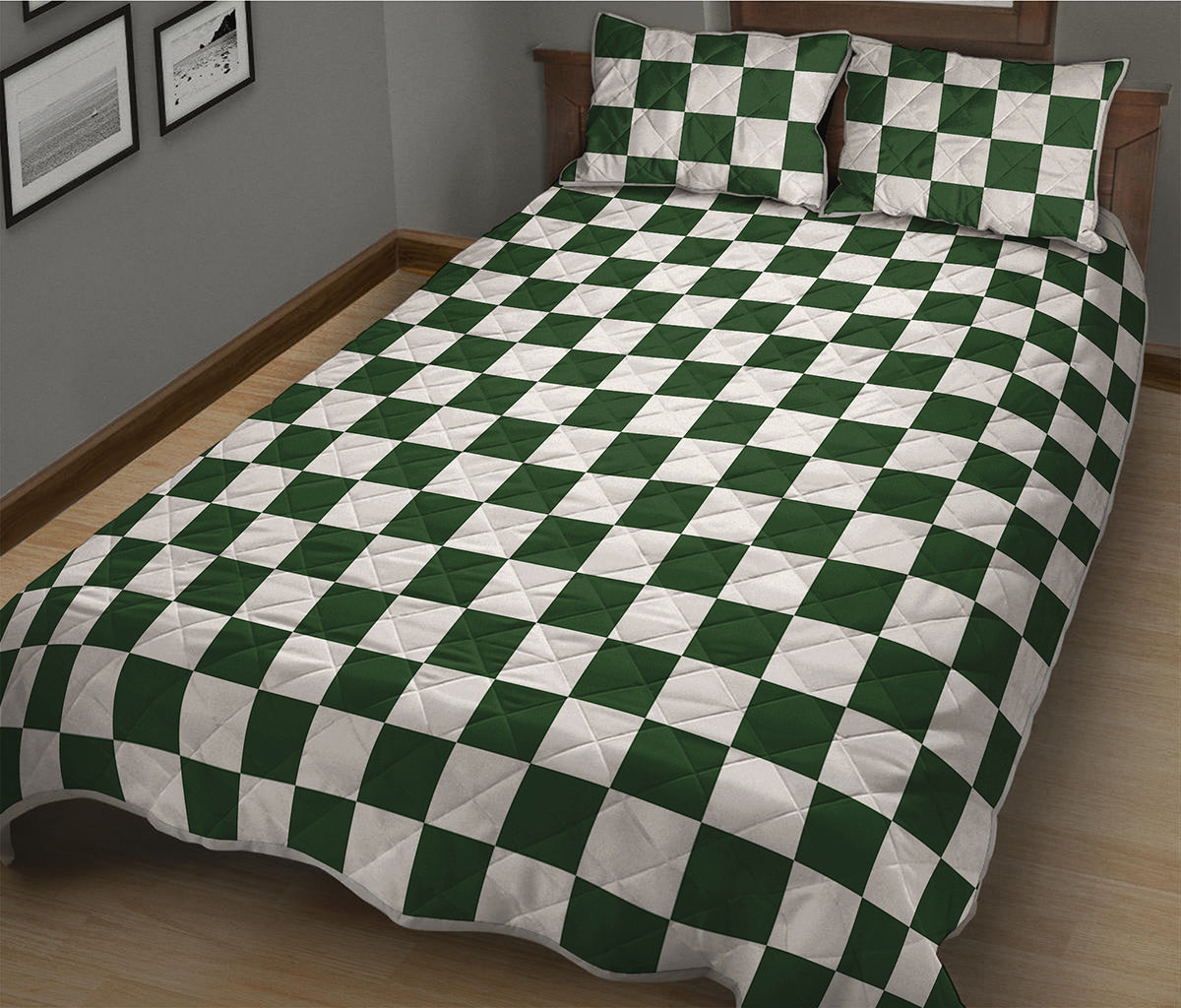Forest Green And White Checkered Print Quilt Bed Set