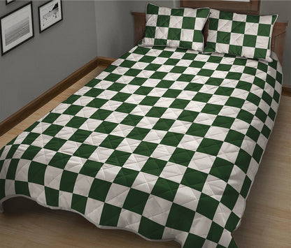 Forest Green And White Checkered Print Quilt Bed Set