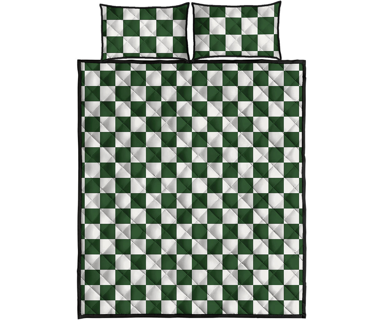 Forest Green And White Checkered Print Quilt Bed Set