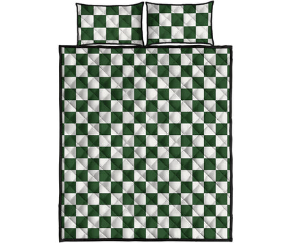 Forest Green And White Checkered Print Quilt Bed Set